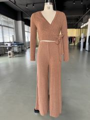 Brown Textured V Neck Crop Top and Wide Leg Pant Set