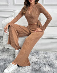Brown Textured V Neck Crop Top and Wide Leg Pant Set