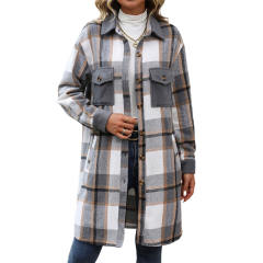 Gray Plaid Print Patchwork Pocketed Long Shacket