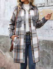 Gray Plaid Print Patchwork Pocketed Long Shacket