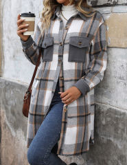 Gray Plaid Print Patchwork Pocketed Long Shacket