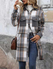 Gray Plaid Print Patchwork Pocketed Long Shacket