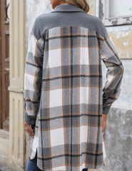 Gray Plaid Print Patchwork Pocketed Long Shacket