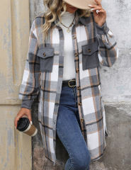 Gray Plaid Print Patchwork Pocketed Long Shacket
