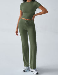 Army Green Short Sleeve Top and Drawstring Pant Lounge Set