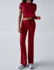 Wine Red Short Sleeve Top and Drawstring Pant Lounge Set