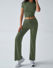 Army Green Short Sleeve Top and Drawstring Pant Lounge Set