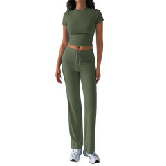 Army Green Short Sleeve Top and Drawstring Pant Lounge Set