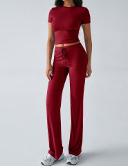 Wine Red Short Sleeve Top and Drawstring Pant Lounge Set