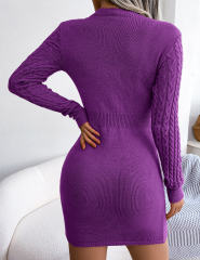Purple Cut-out Crewneck Cable Knit Bodyson Sweater Dress