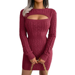 Burgundy Cut-out Crewneck Cable Knit Bodyson Sweater Dress