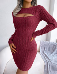 Burgundy Cut-out Crewneck Cable Knit Bodyson Sweater Dress
