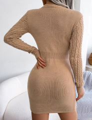 Khaki Cut-out Crewneck Cable Knit Bodyson Sweater Dress
