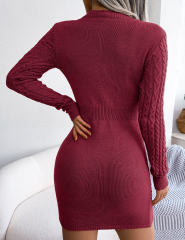Burgundy Cut-out Crewneck Cable Knit Bodyson Sweater Dress