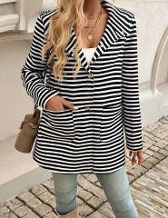 Black Striped Print Medium-length Hooded Pocketed Jacket