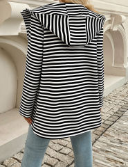 Black Striped Print Medium-length Hooded Pocketed Jacket