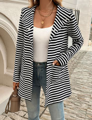 Black Striped Print Medium-length Hooded Pocketed Jacket