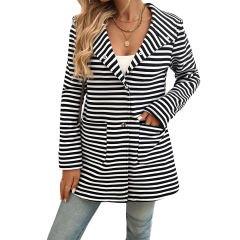 Black Striped Print Medium-length Hooded Pocketed Jacket
