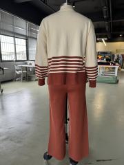 Brown Striped Contrast Split Sweater and Straight Leg Pant Set