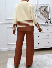 Brown Striped Contrast Split Sweater and Straight Leg Pant Set