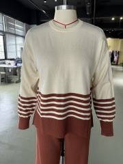 Brown Striped Contrast Split Sweater and Straight Leg Pant Set