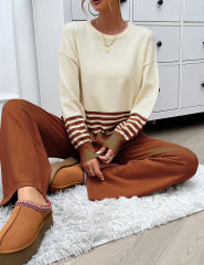 Brown Striped Contrast Split Sweater and Straight Leg Pant Set