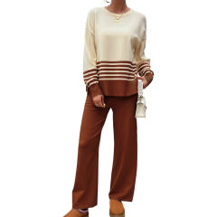 Brown Striped Contrast Split Sweater and Straight Leg Pant Set
