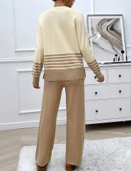 Apricot Striped Contrast Split Sweater and Straight Leg Pant Set