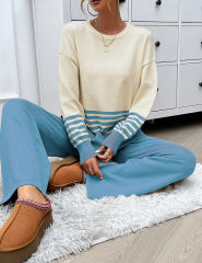 Blue Striped Contrast Split Sweater and Straight Leg Pant Set