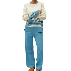 Blue Striped Contrast Split Sweater and Straight Leg Pant Set