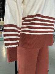 Brown Striped Contrast Split Sweater and Straight Leg Pant Set
