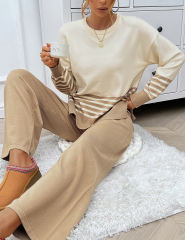 Apricot Striped Contrast Split Sweater and Straight Leg Pant Set