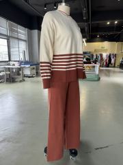 Brown Striped Contrast Split Sweater and Straight Leg Pant Set
