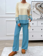 Blue Striped Contrast Split Sweater and Straight Leg Pant Set