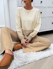 Apricot Striped Contrast Split Sweater and Straight Leg Pant Set