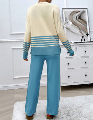 Blue Striped Contrast Split Sweater and Straight Leg Pant Set