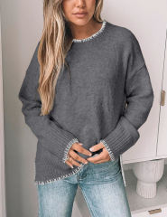 Grey Contrast Trim Side Slit Knit Pullover Swearer