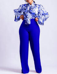 Blue Flounce Sleeve Floral Blouse and Wide Leg Pant Set