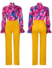 Rose Flounce Sleeve Floral Blouse and Yellow Wide Leg Pant Set
