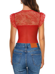 Red Cut-out Lace Splicing Double Layered Mesh Bodysuit