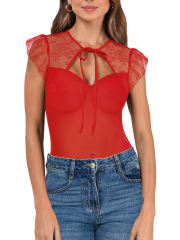 Red Cut-out Lace Splicing Double Layered Mesh Bodysuit