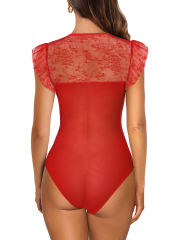 Red Cut-out Lace Splicing Double Layered Mesh Bodysuit