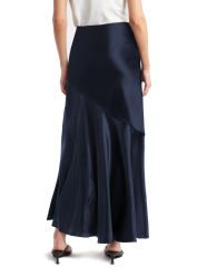 Navy Blue Satin Ruffle Asymmetrical Hem Maxi Skirt