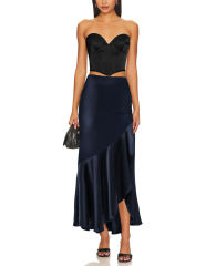 Navy Blue Satin Ruffle Asymmetrical Hem Maxi Skirt
