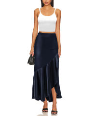 Navy Blue Satin Ruffle Asymmetrical Hem Maxi Skirt