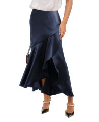 Navy Blue Satin Ruffle Asymmetrical Hem Maxi Skirt