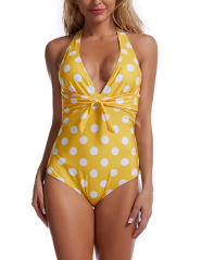 Yellow Polka Dot Print Halter One Piece Swimsuit