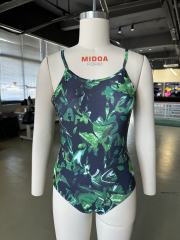 Green Printed Criss-cross Back One Piece Swimsuit