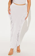 White Solid Color Fringed Bodycon Maxi Skirt