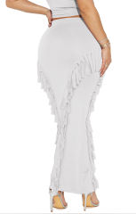 White Solid Color Fringed Bodycon Maxi Skirt